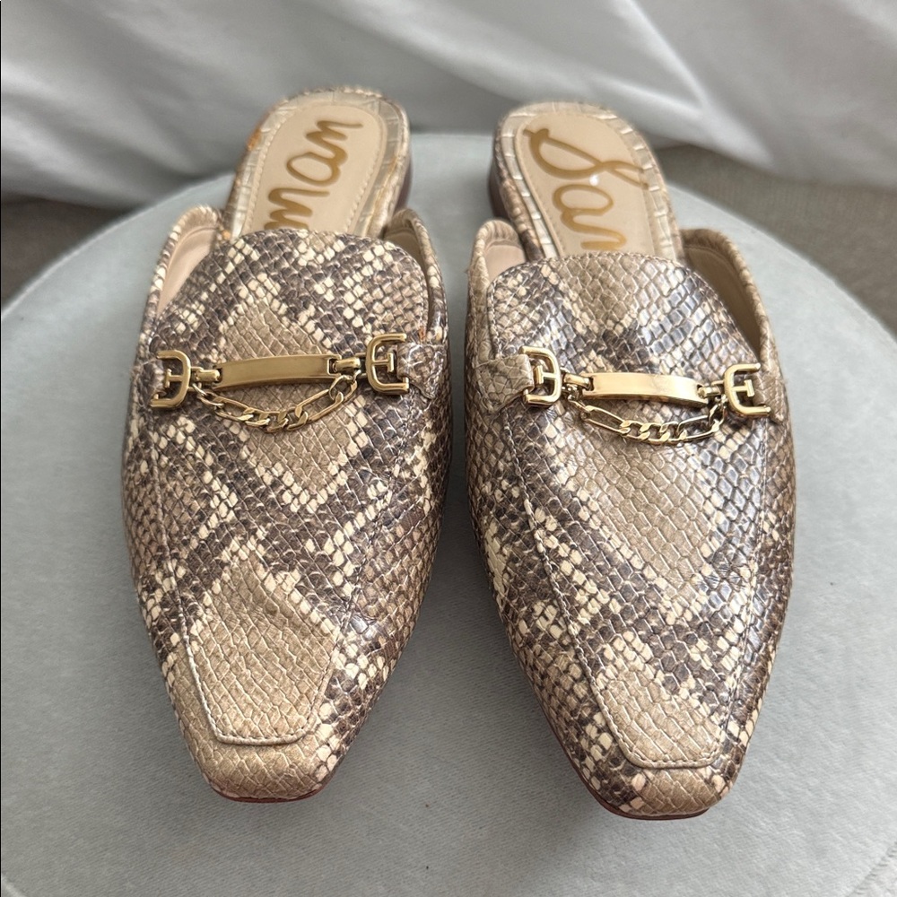 Sam Edelman Gold Snake-Print Slip-On Mules